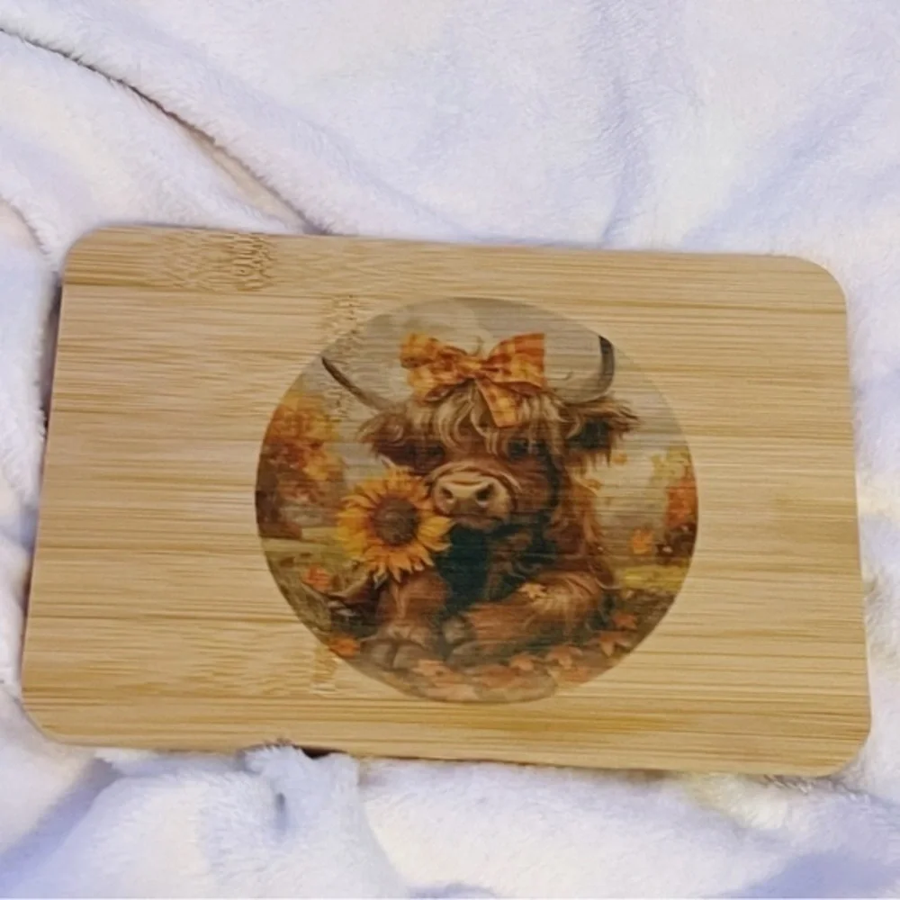 Highland Cow Sunflower Bamboo Cutting Board
